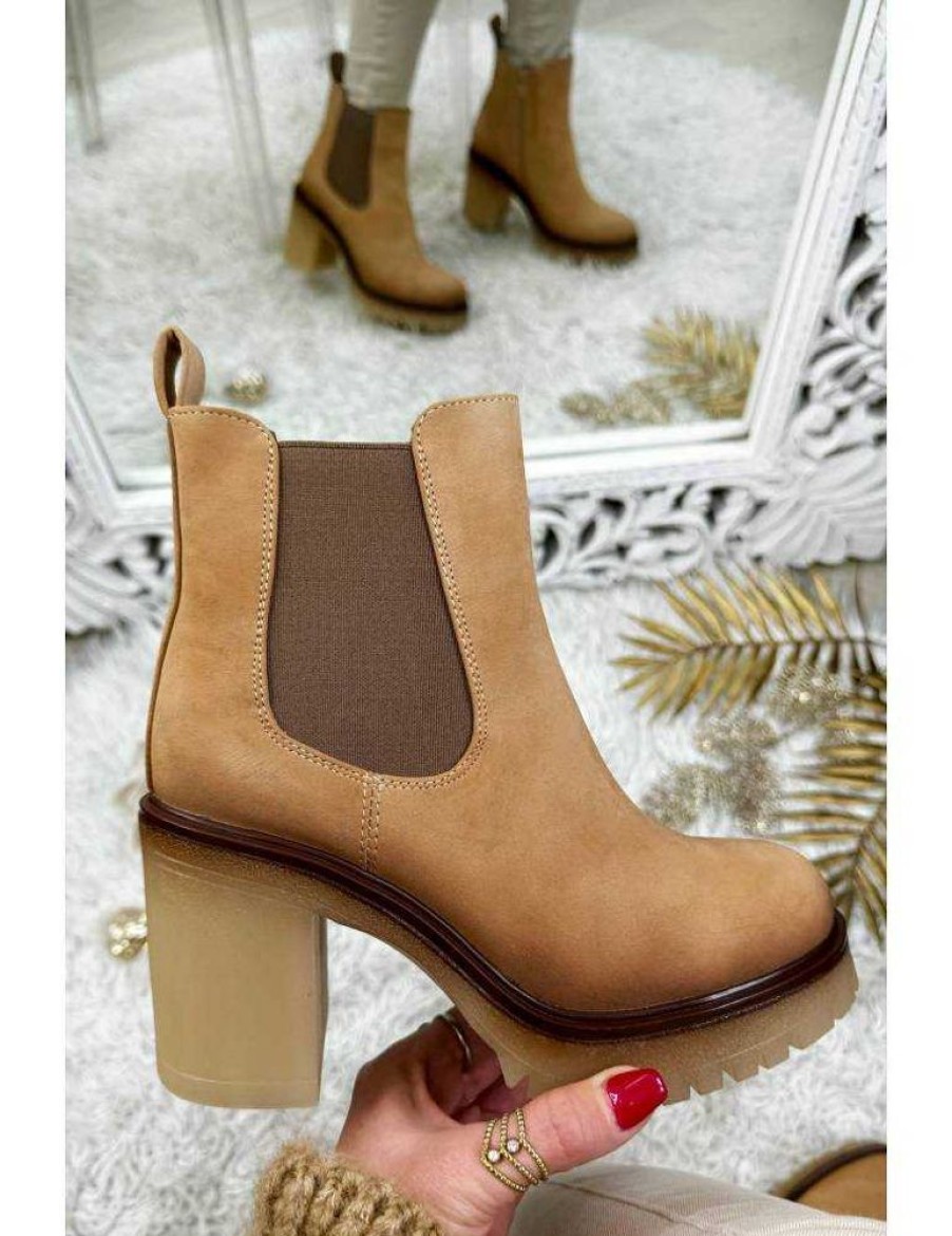 Chaussures My Look Féminin | Bottines Style Daim Caramel Talons Crantes