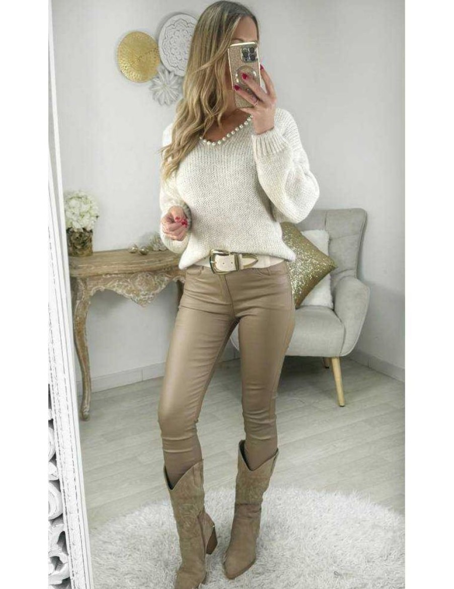 Pulls My Look Féminin | Pull En Lainage Beige & Perles