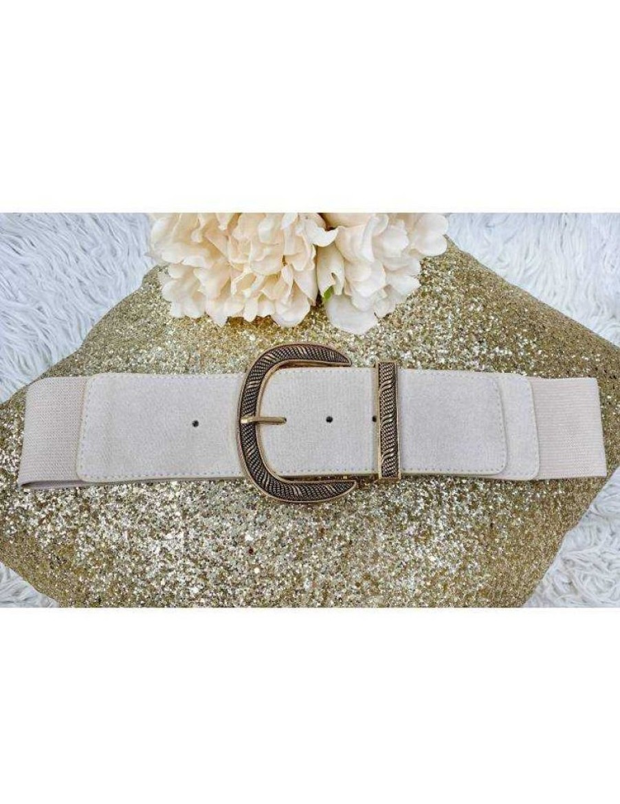 Accessoires My Look Féminin | Ceinture Elastique Beige Boucle Doree