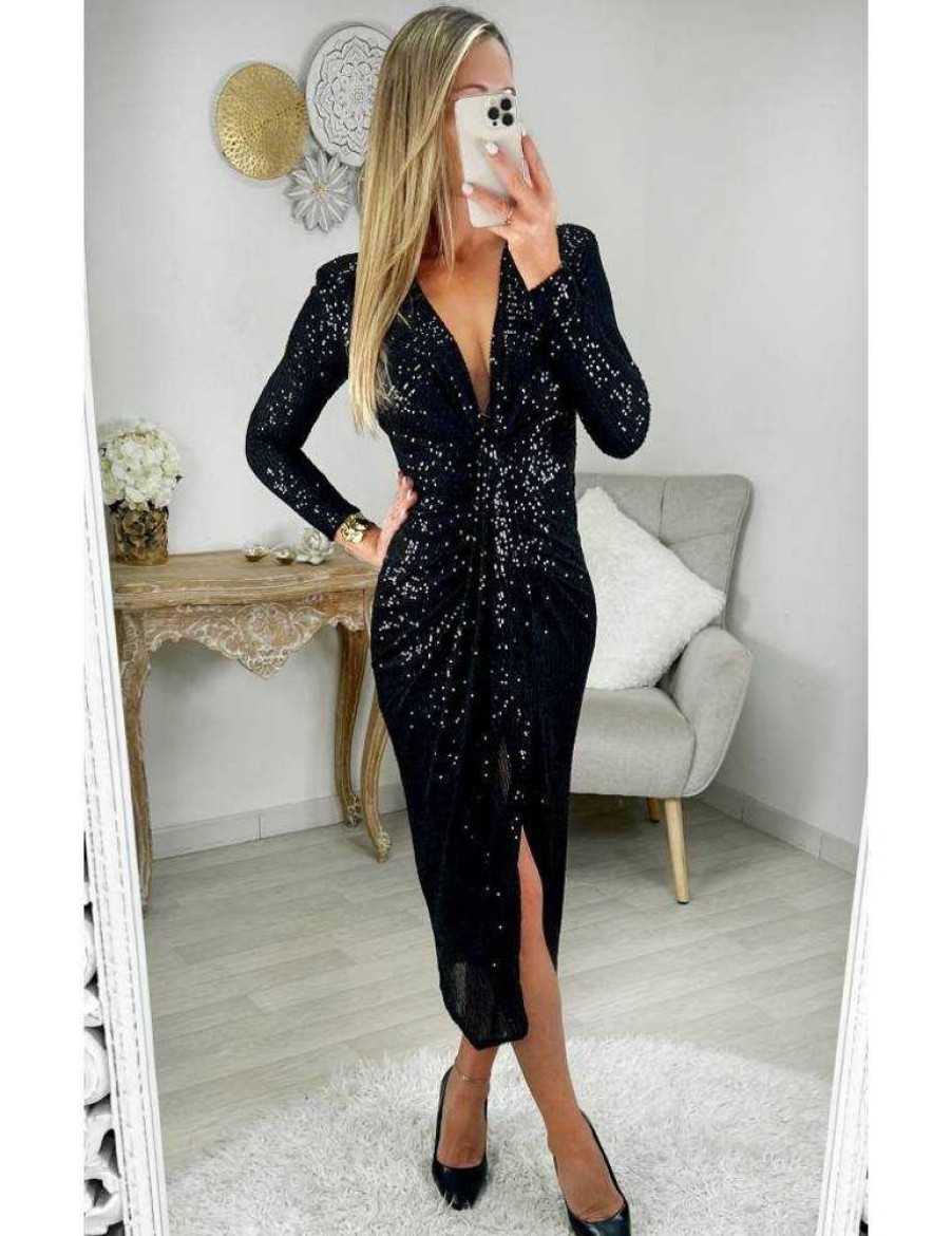 Robes My Look Féminin | Robe Longue Noire Sequins & Drapee