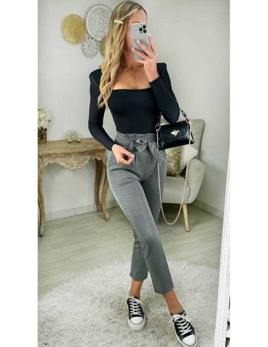 Pantalons My Look Féminin | Pantalon Gris Classique Ceinture A Nouer