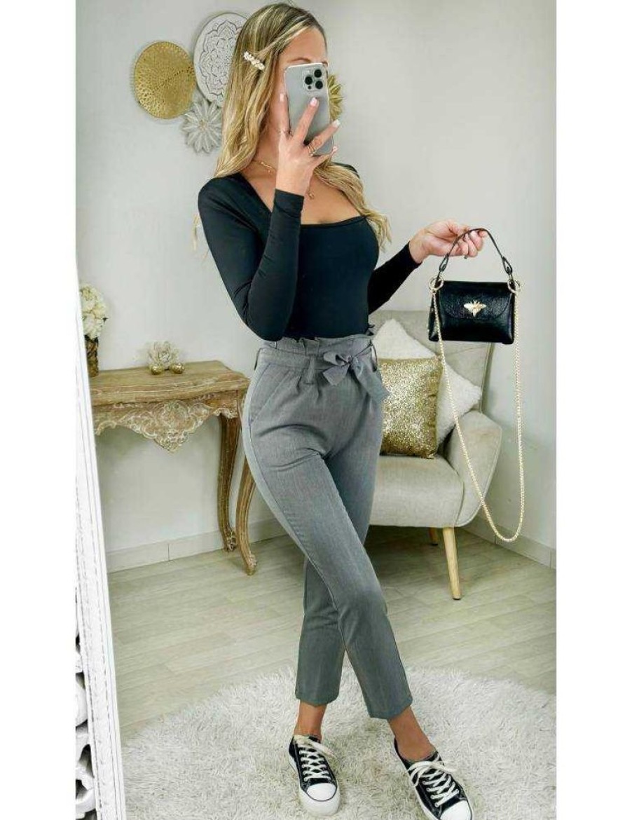 Pantalons My Look Féminin | Pantalon Gris Classique Ceinture A Nouer