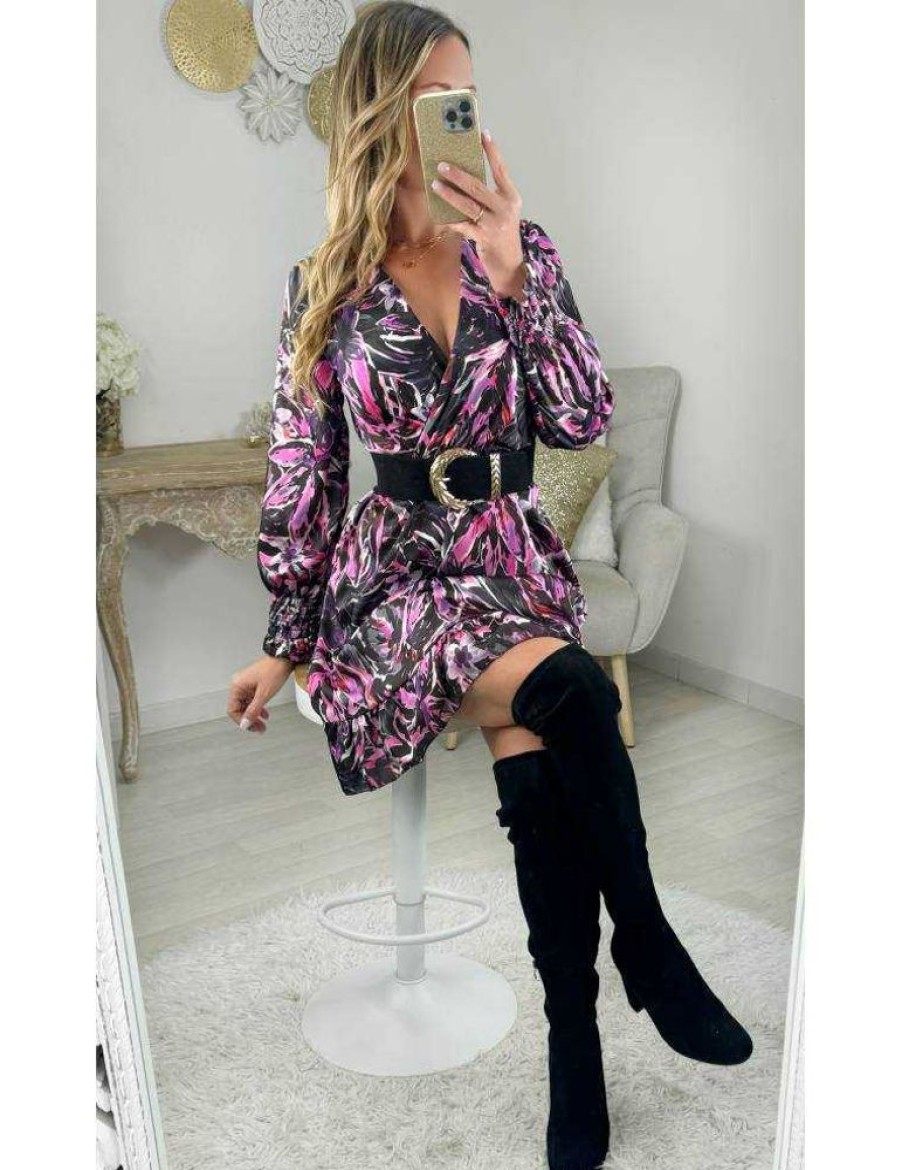 Robes My Look Féminin | Robe Satinee Noire Et Fuchsia A Motifs