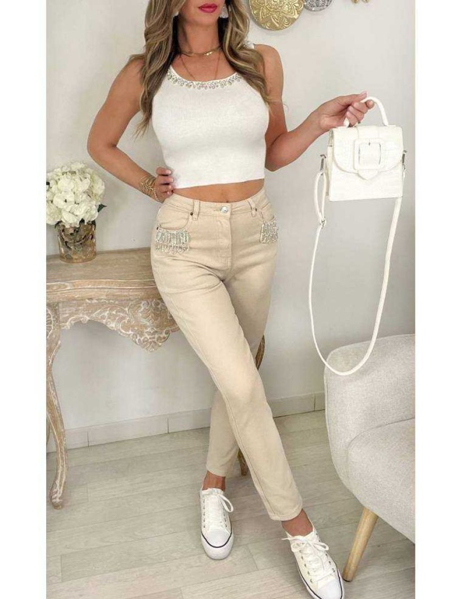 Pantalons My Look Féminin | Mon Jeans Beige Mum