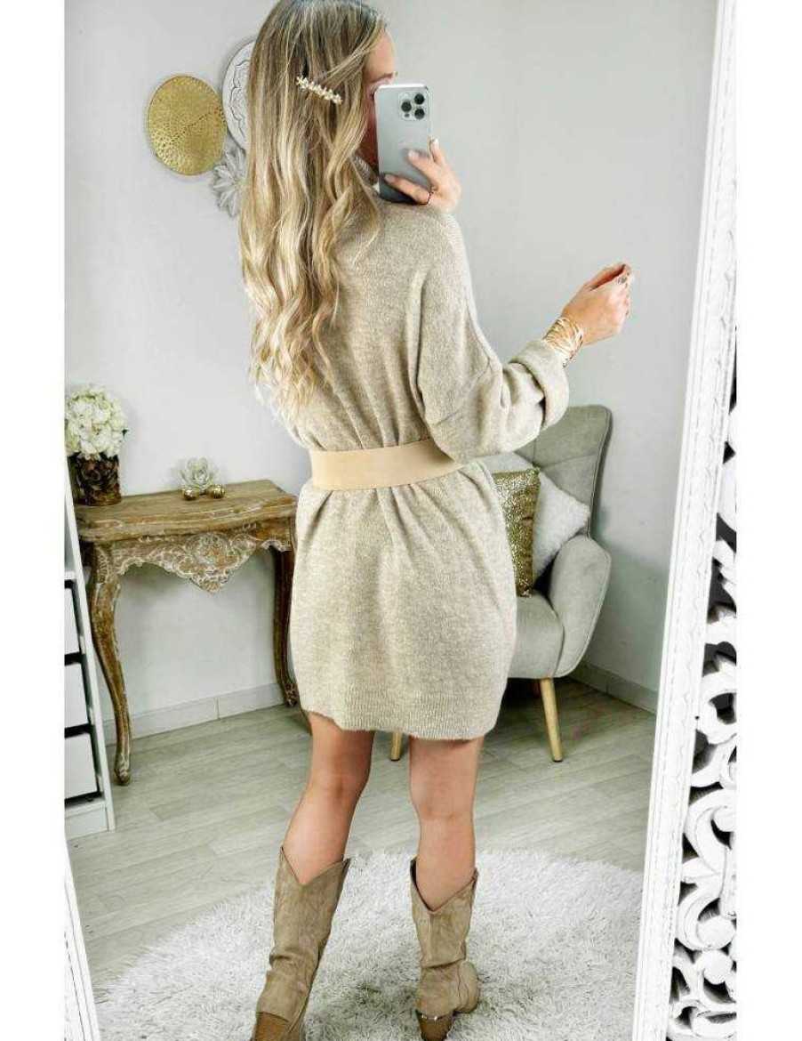 Robes My Look Féminin | Robe Taupe Col Roule En Lainage