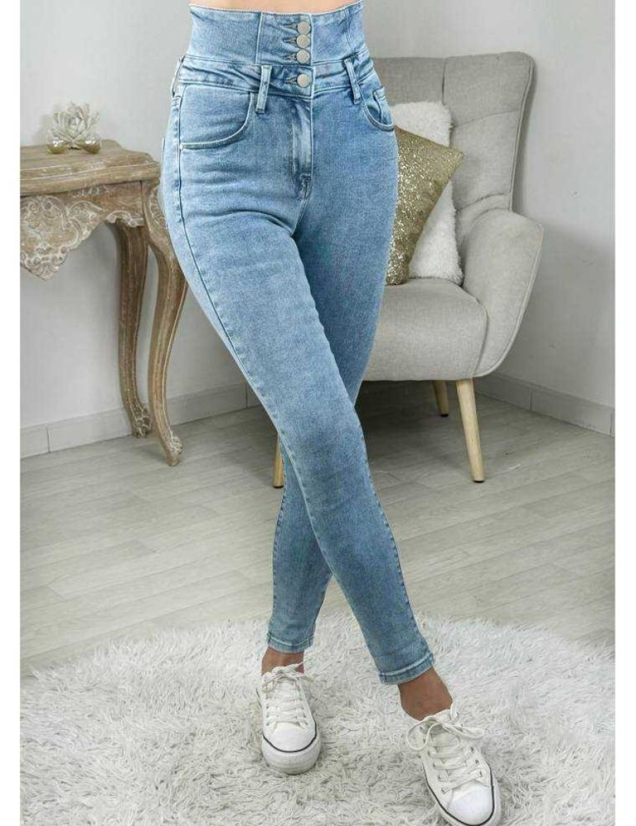 Pantalons My Look Féminin | Jeans Slim Bleu Ciel Taille Haute Boutonne