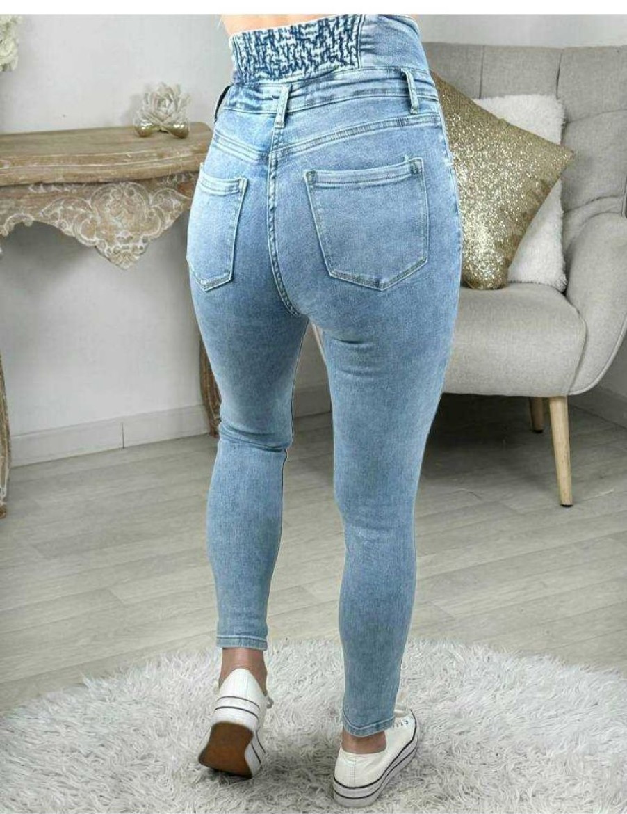 Pantalons My Look Féminin | Jeans Slim Bleu Ciel Taille Haute Boutonne