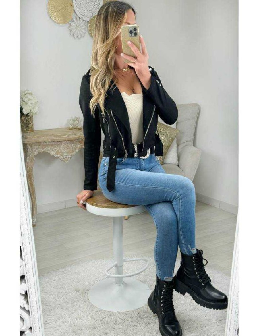 Vestes Gilets My Look Féminin | Perfecto Noir Style Daim