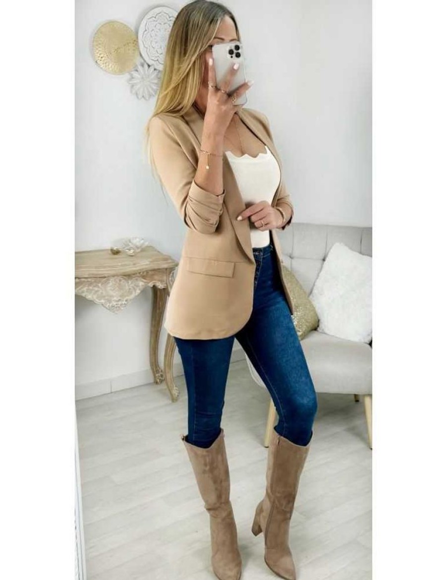 Vestes Gilets My Look Féminin | Blazer Beige Fonce Manches 3/4