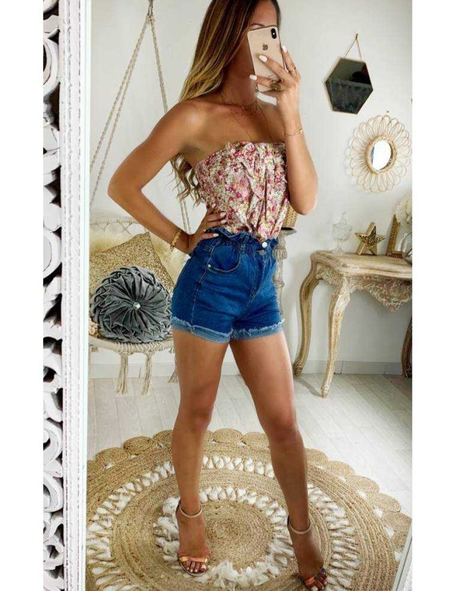 Jupes Shorts My Look Féminin | Short En Jeans Taille Haute Fonce Et Revers