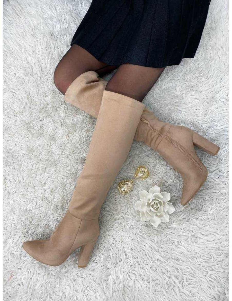 Chaussures My Look Féminin | Bottes A Talons Beige Style Daim