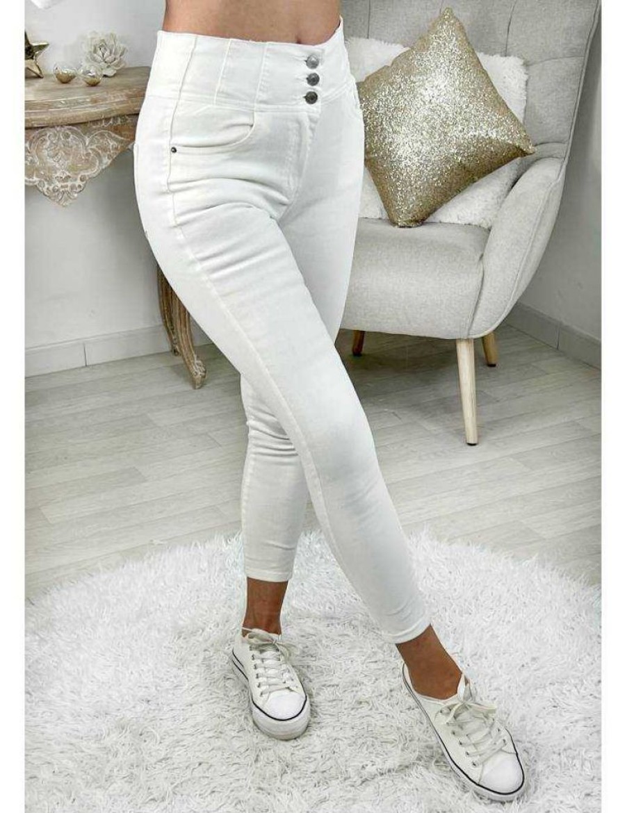 Pantalons My Look Féminin | Mon Jeans Blanc Taille Haute