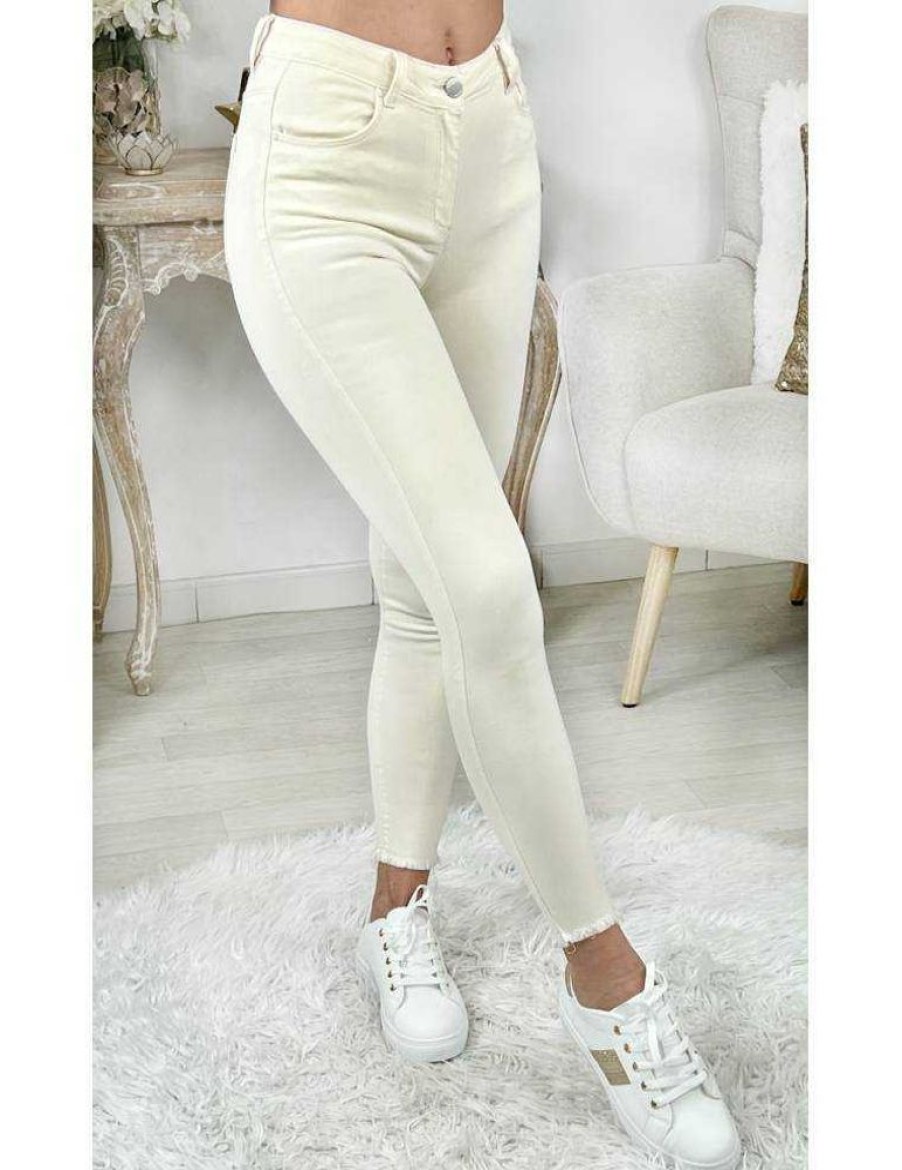 Pantalons My Look Féminin | Mon Jeans Taille Haute Blanc Casse