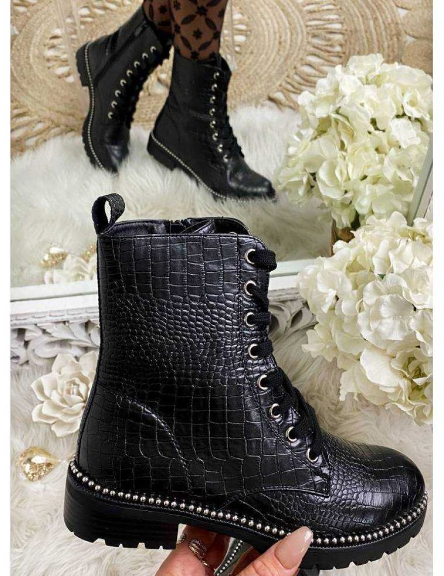 Chaussures My Look Féminin | Mes Jolies Bottines Noires Lacet Et Croco