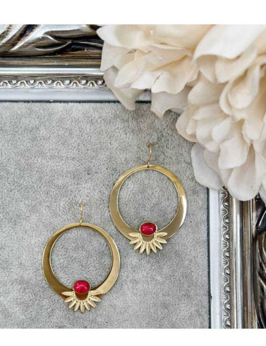 Accessoires My Look Féminin | Boucles D'Oreilles Dorees Et Perle Rouge