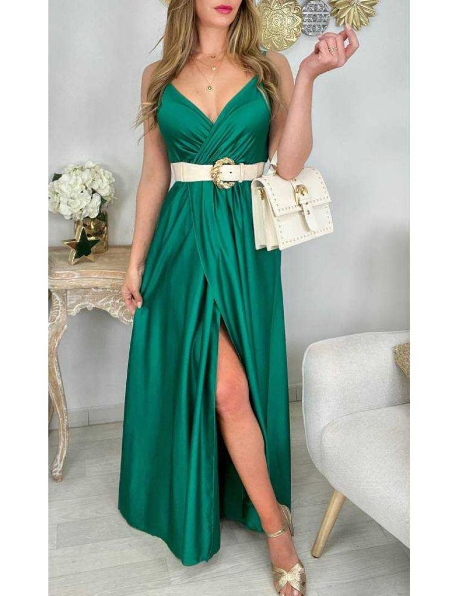 Robes My Look Féminin | Ma Robe Longue Satinee Vert Emeraude