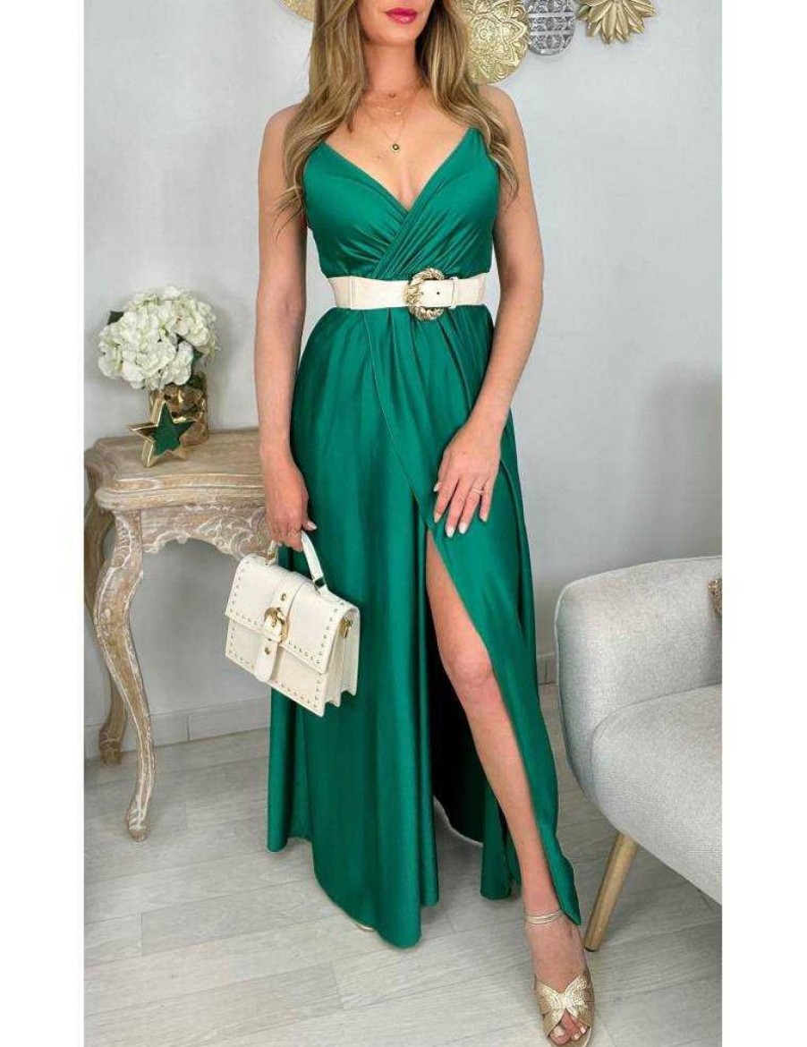 Robes My Look Féminin | Ma Robe Longue Satinee Vert Emeraude