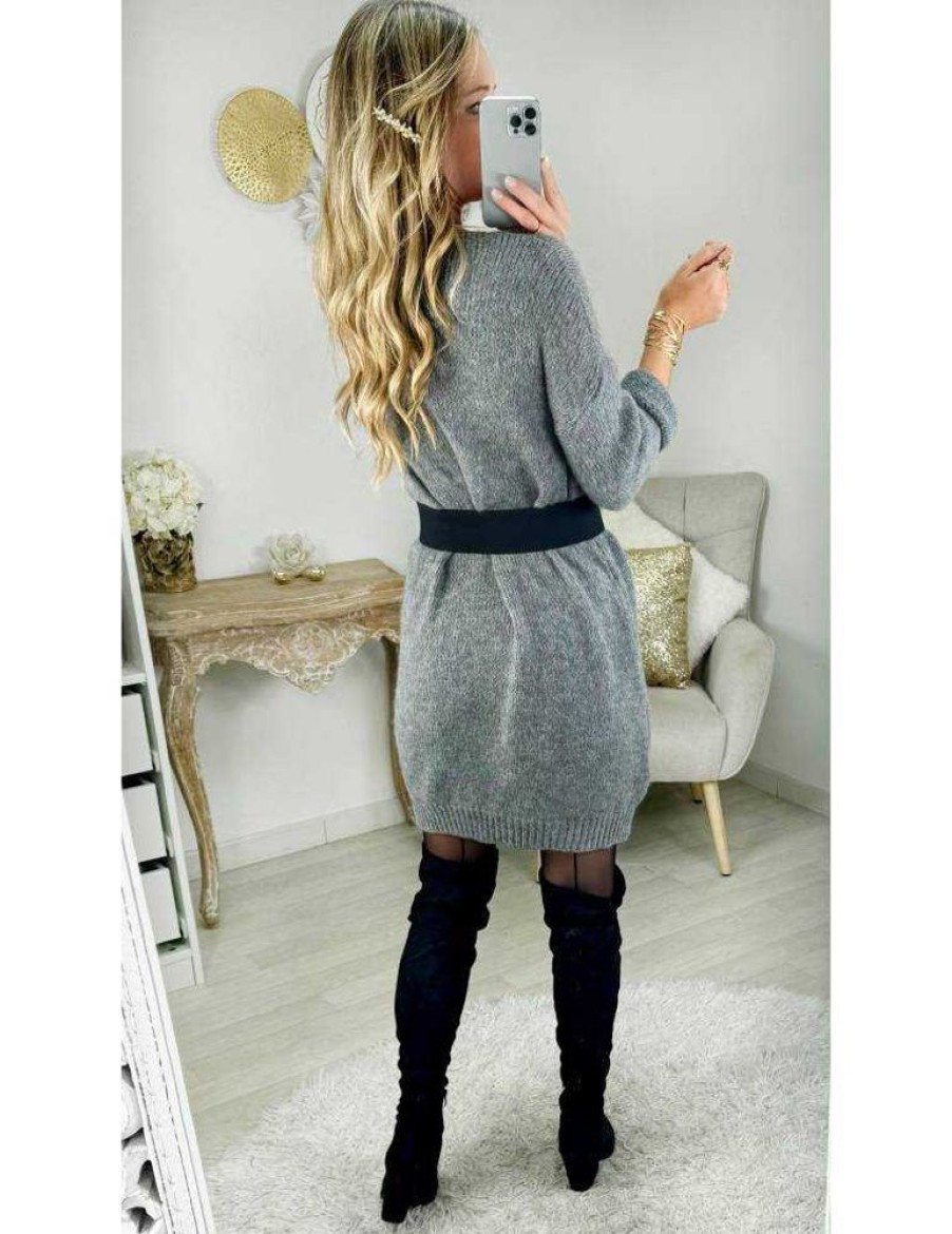 Robes My Look Féminin | Robe En Lainage Col V Gris Chine