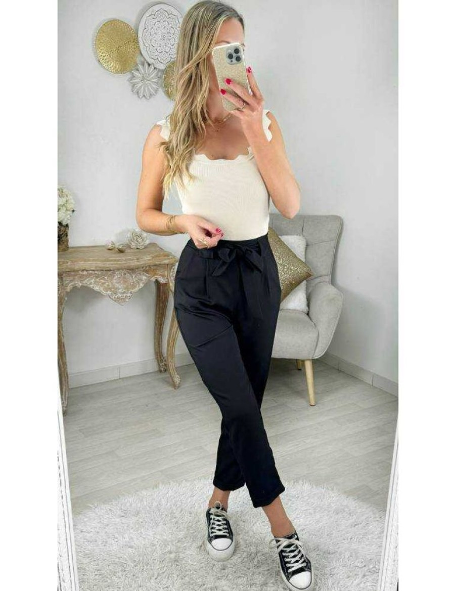 Pantalons My Look Féminin | Pantalon Noir Classique & Ceinture A Nouer