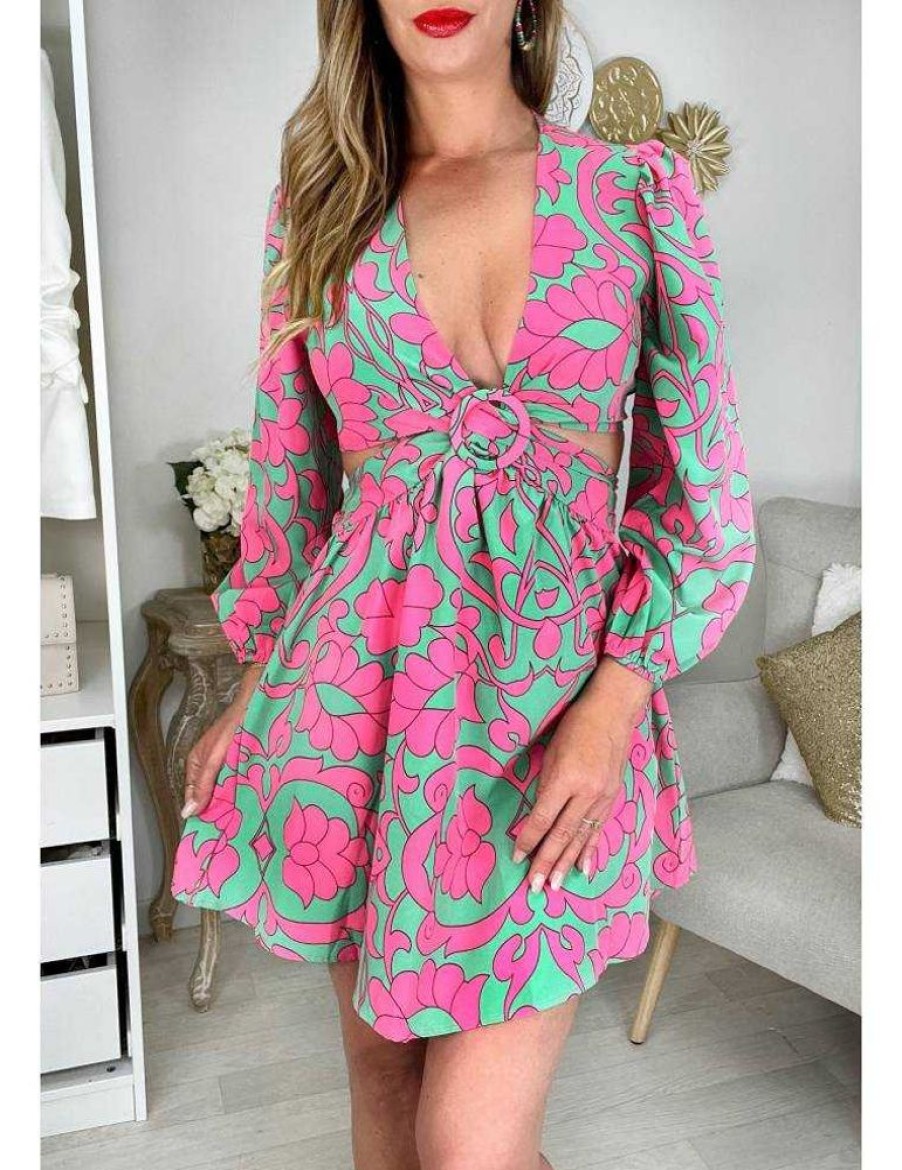 Robes My Look Féminin | Robe Droite Cut Out Motif Rose Et Vert