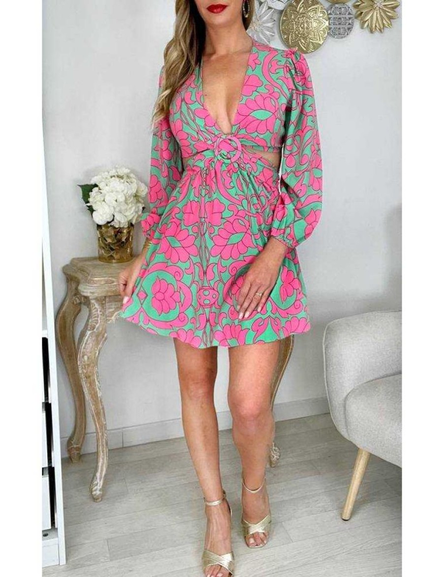 Robes My Look Féminin | Robe Droite Cut Out Motif Rose Et Vert