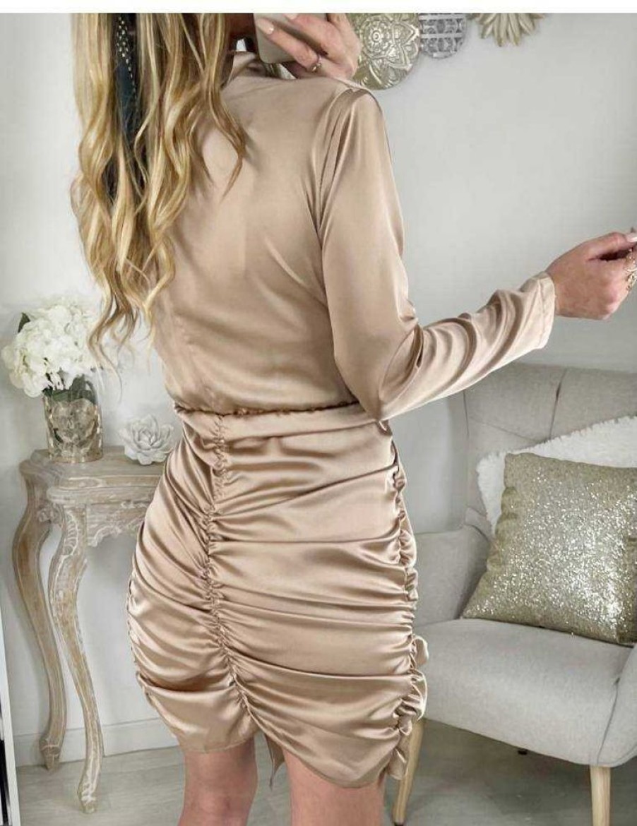 Robes My Look Féminin | Ma Robe Mi-Longue Satinee Beige Gold