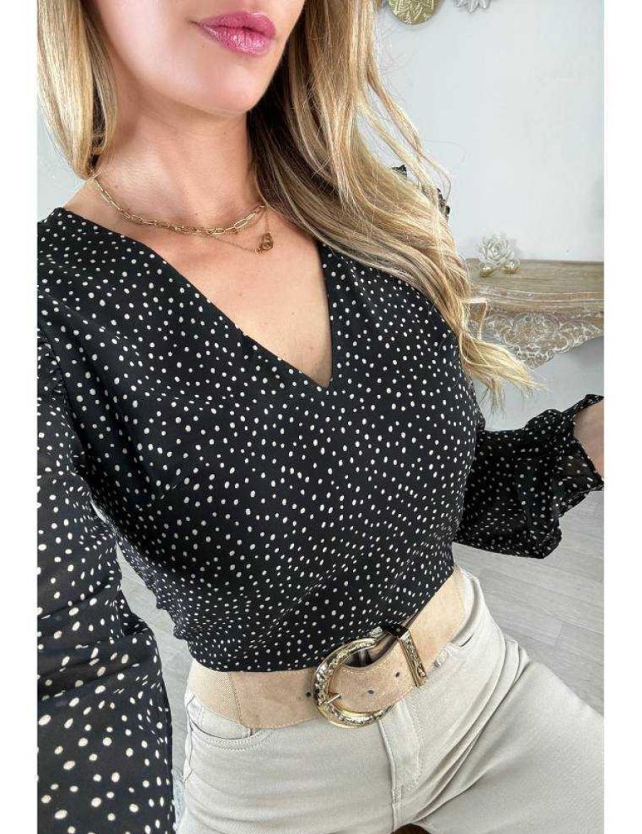 Tops Chemisiers My Look Féminin | Blouse Fluide Noire & Pois Beige