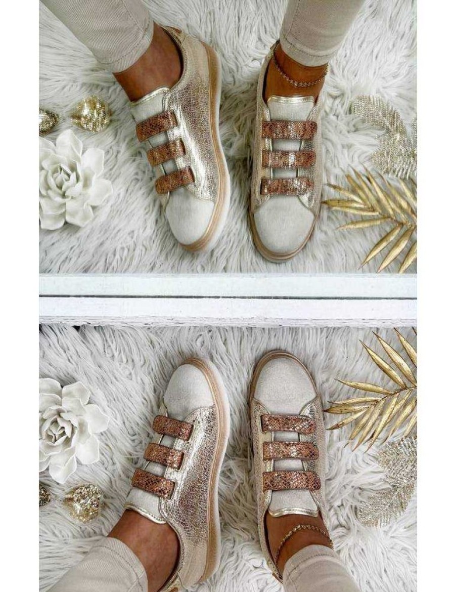 Chaussures My Look Féminin | Baskets Style Cuir Dorees