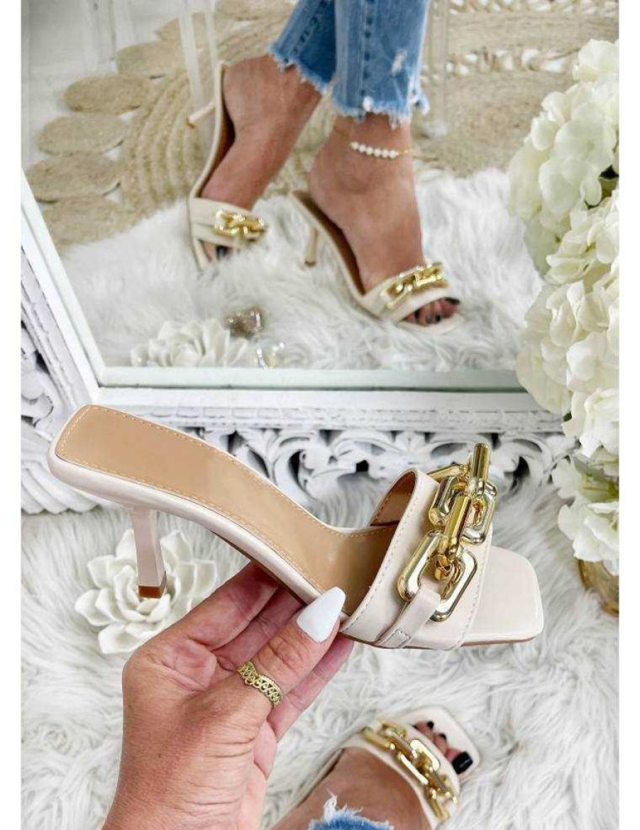 Chaussures My Look Féminin | Mes Jolies Mules A Talons Beige & Chain