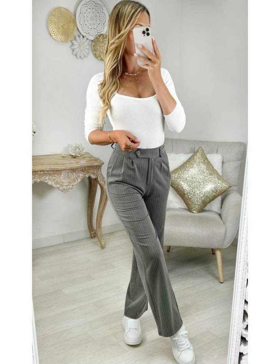 Pantalons My Look Féminin | Pantalon Droit Gris Raye Blanc