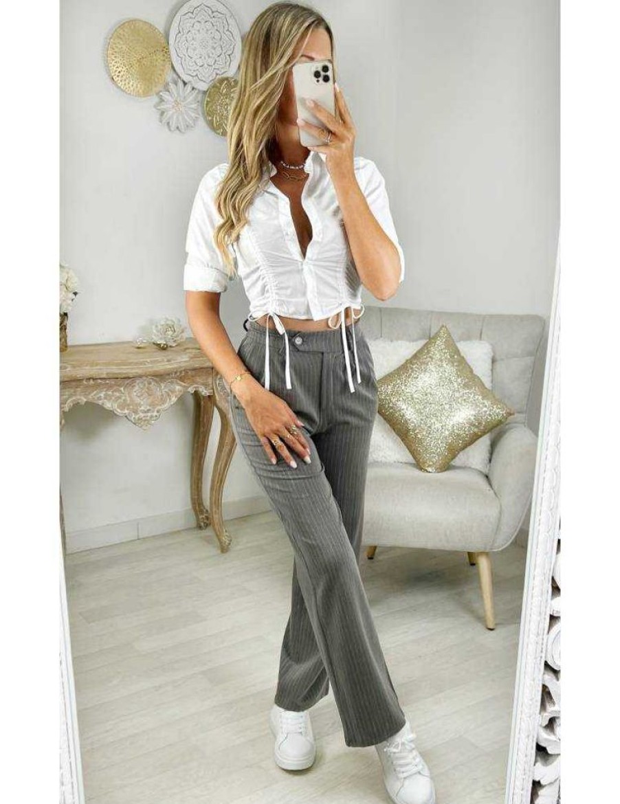 Pantalons My Look Féminin | Pantalon Droit Gris Raye Blanc