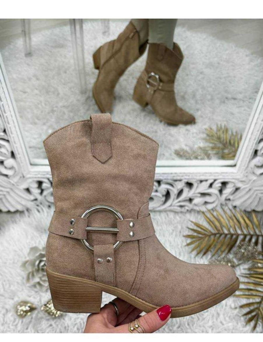 Chaussures My Look Féminin | Santiag Style Daim Taupe & Boucle