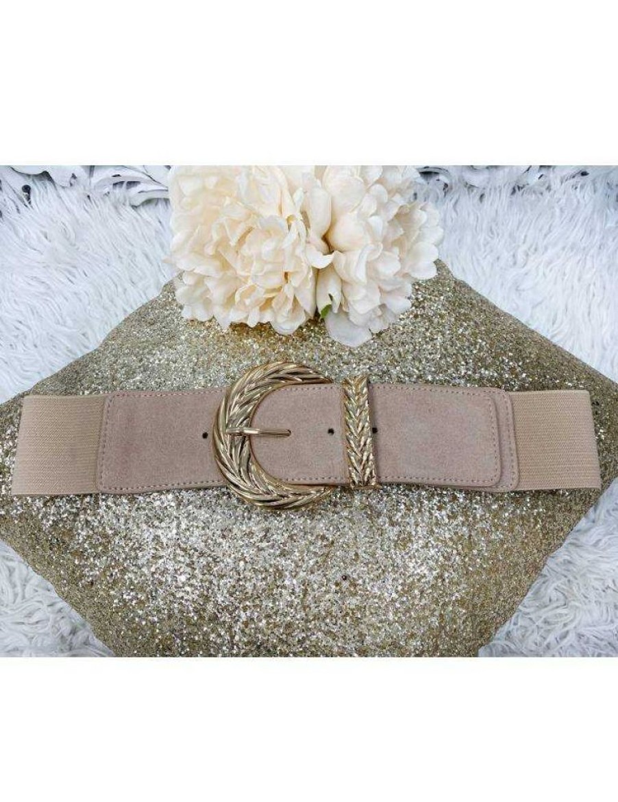 Accessoires My Look Féminin | Ceinture Elastique Beige Foncee Boucle Doree