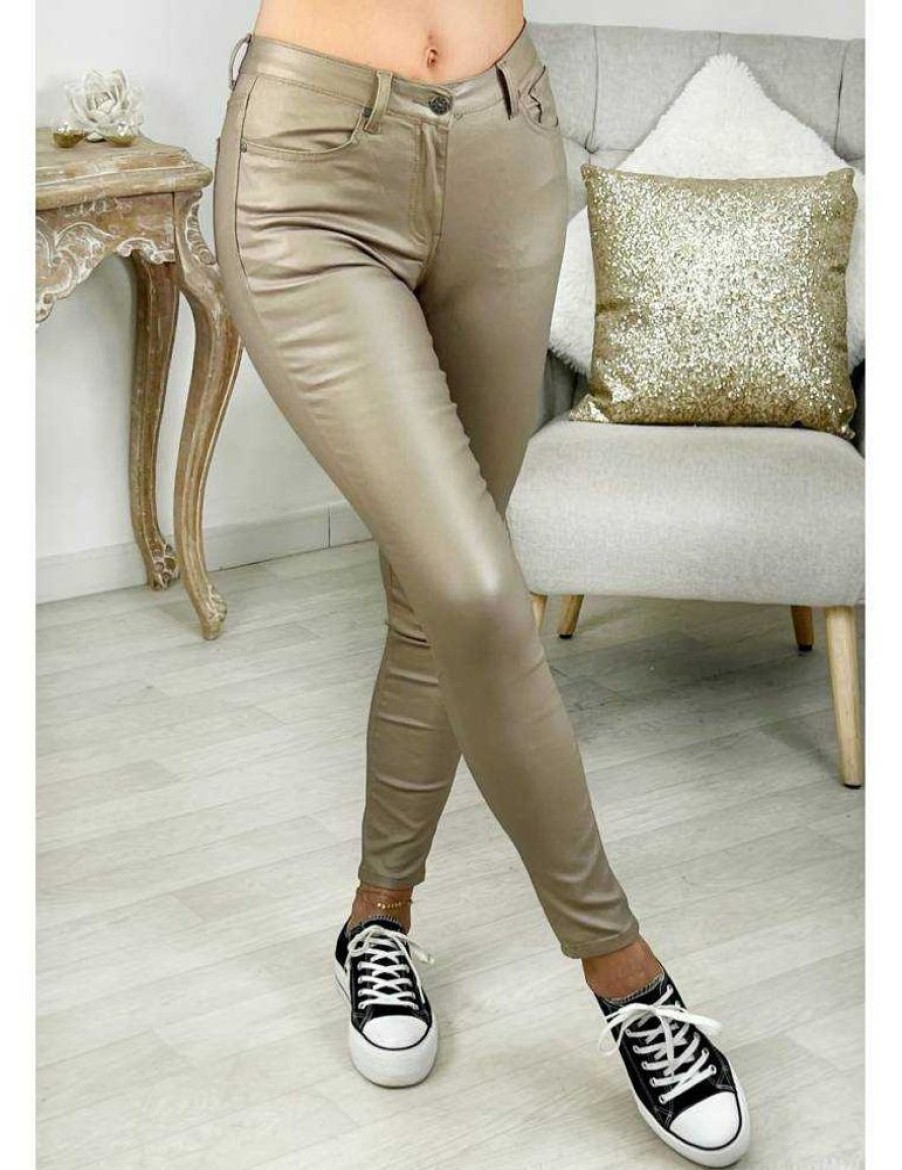 Pantalons My Look Féminin | Jeans Enduit Taupe