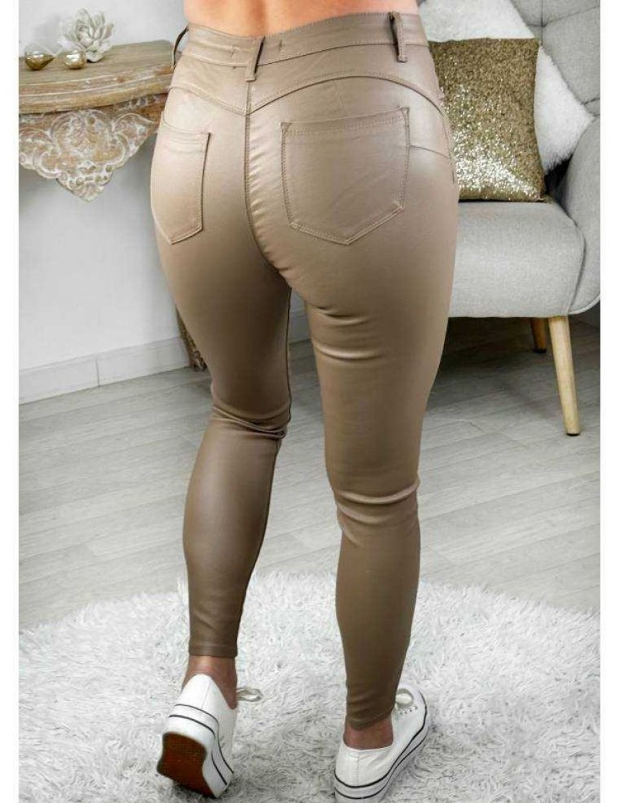 Pantalons My Look Féminin | Jeans Enduit Push-Up Taupe