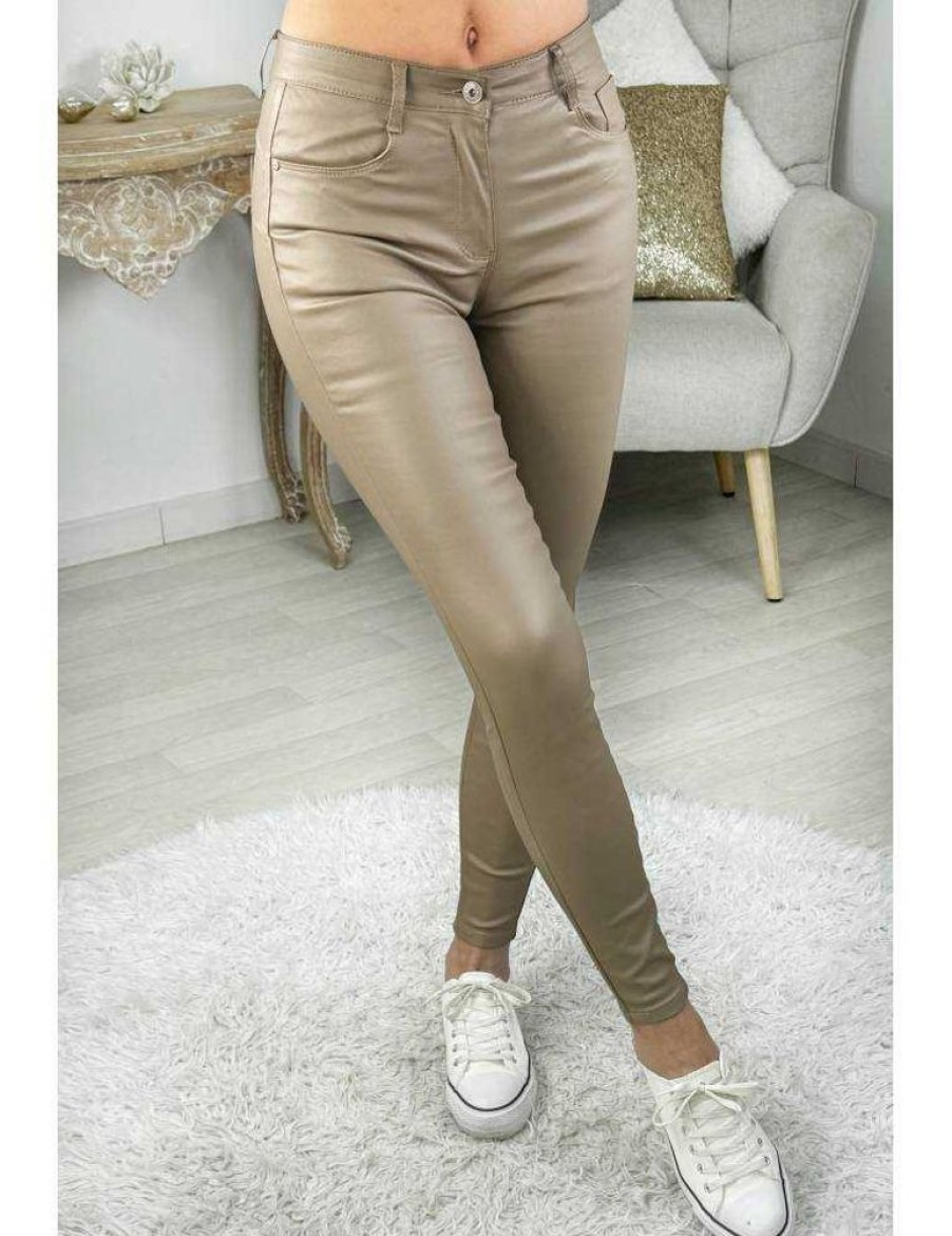 Pantalons My Look Féminin | Jeans Enduit Push-Up Taupe