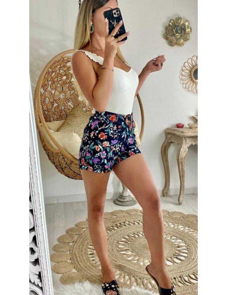 Jupes Shorts My Look Féminin | Mon Short Noir Fleuri Taille Haute