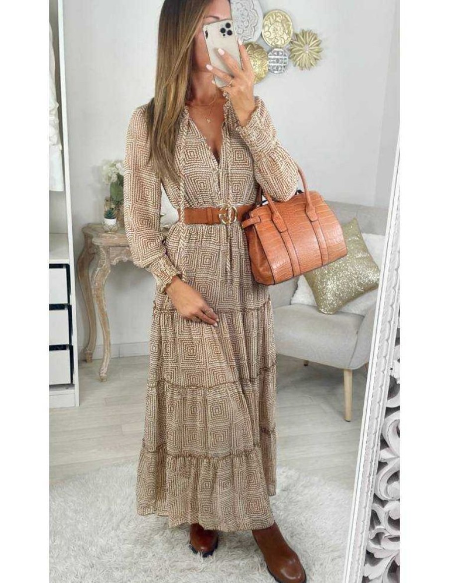 Robes My Look Féminin | Ma Robe Boutonnee & Smockee Camel