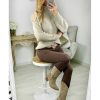 Pulls My Look Féminin | Pull Taupe Col Roule Epaule Denudee & Perles