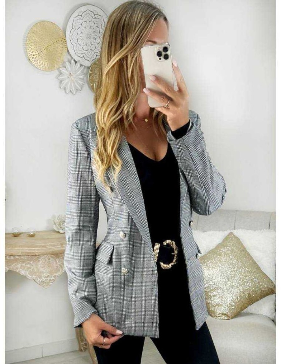 Vestes Gilets My Look Féminin | Blazer Loose A Carreaux Noirs Et Blancs