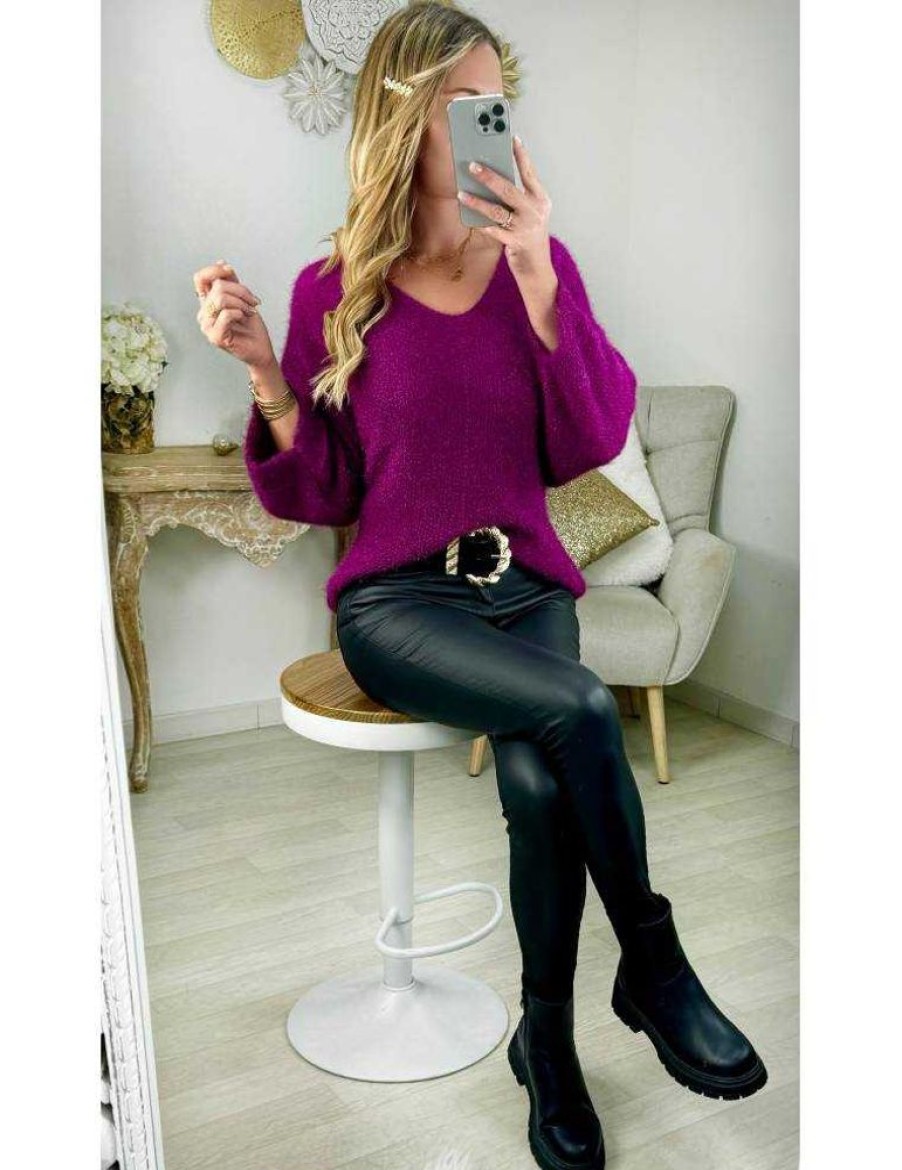 Pulls My Look Féminin | Pull Ample Col V Tout Doux Prune