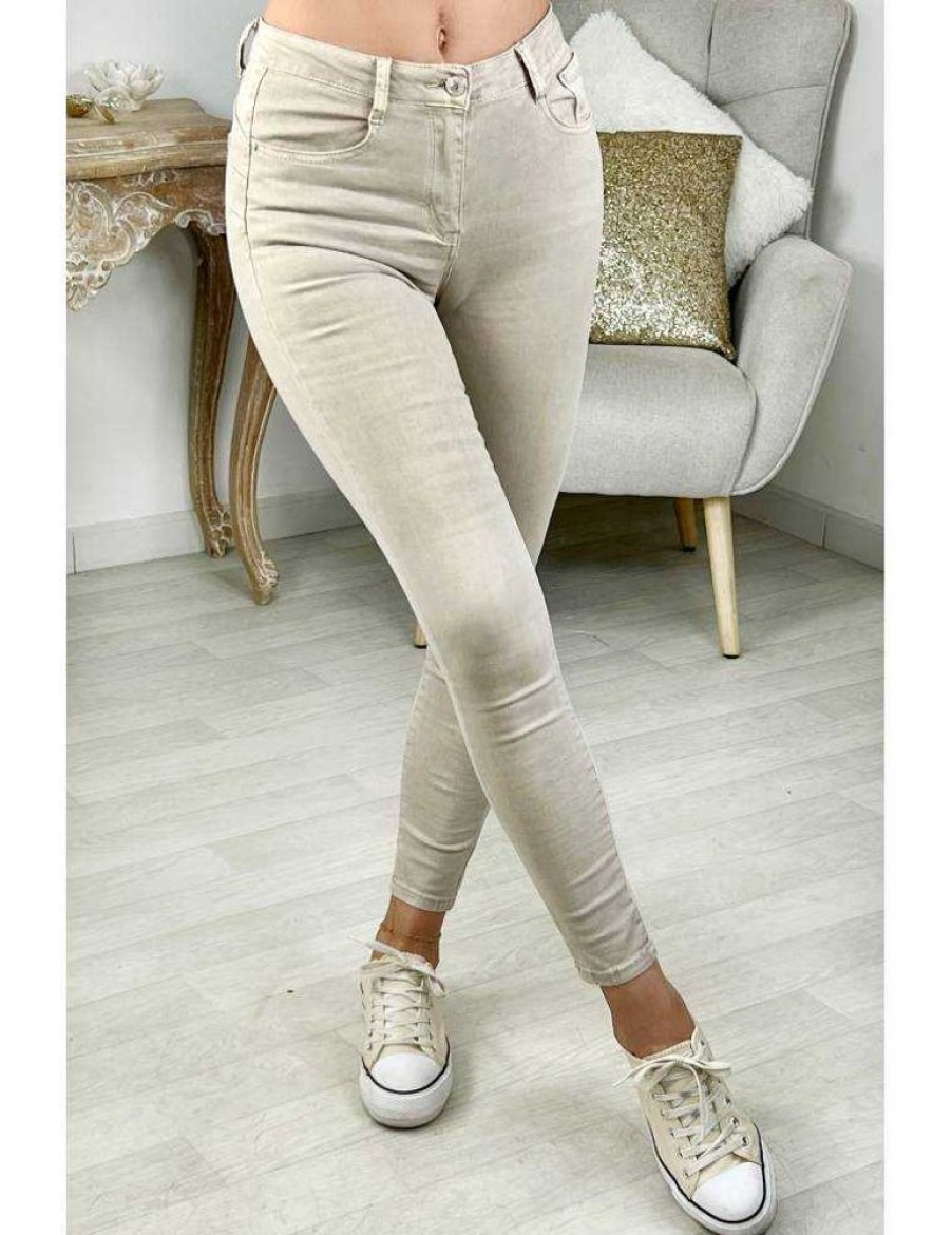 Pantalons My Look Féminin | Jeans Beige Slim Push-Up