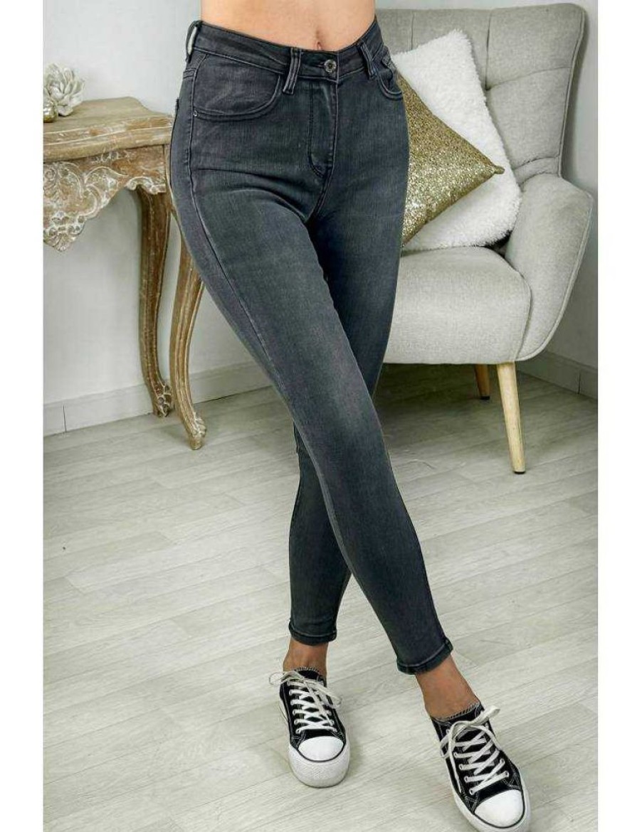 Pantalons My Look Féminin | Jeans Slim Noir Gris