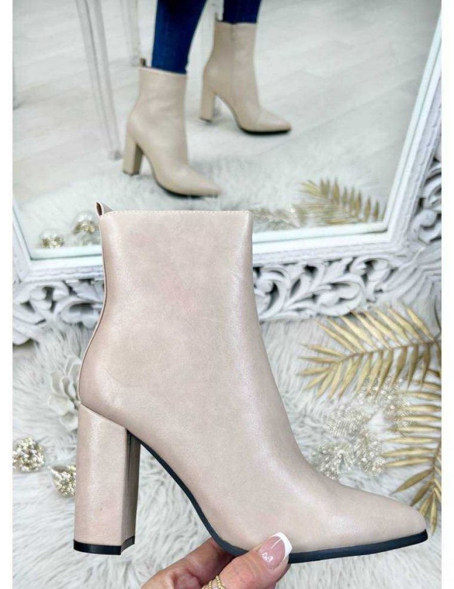 Chaussures My Look Féminin | Bottines A Talon Beige Style Cuir