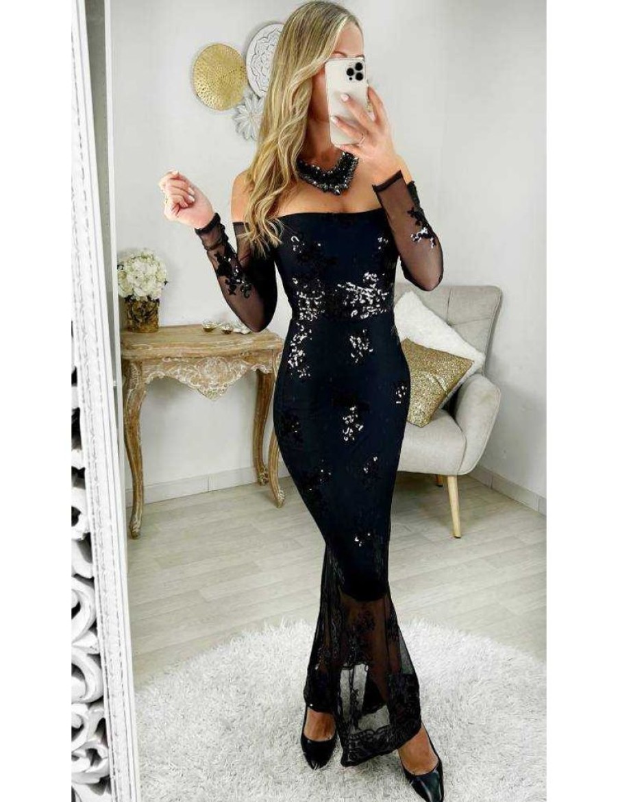 Robes My Look Féminin | Robe Longue Noire En Tulle & Sequins