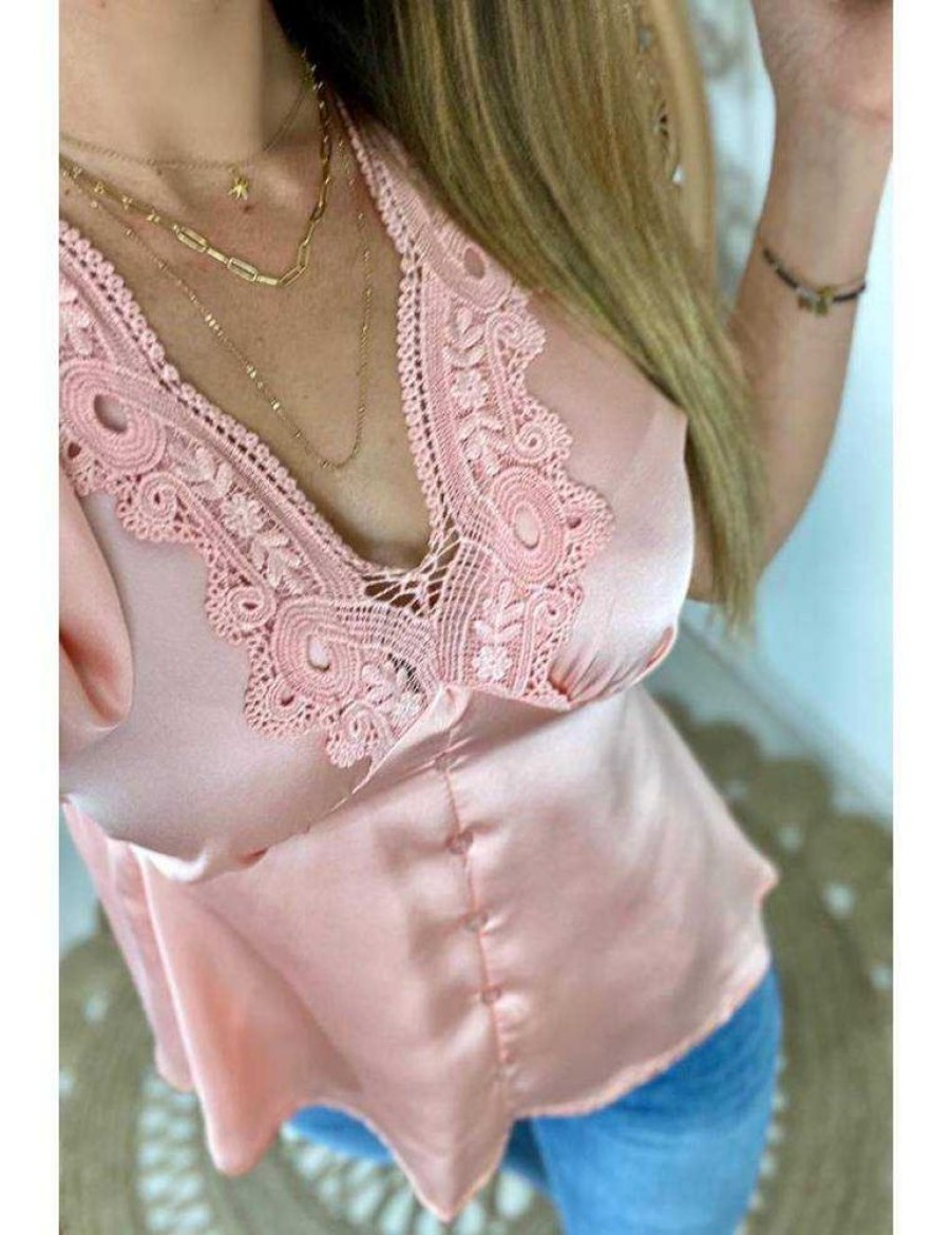 Tops Chemisiers My Look Féminin | Mon Petit Top Rose Satine Et Broderies