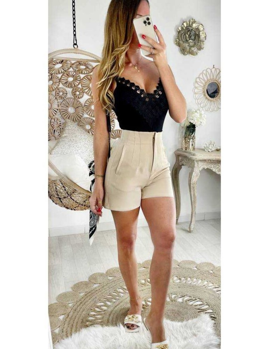 Jupes Shorts My Look Féminin | Mon Petit Short Beige Zippe Taille Haute