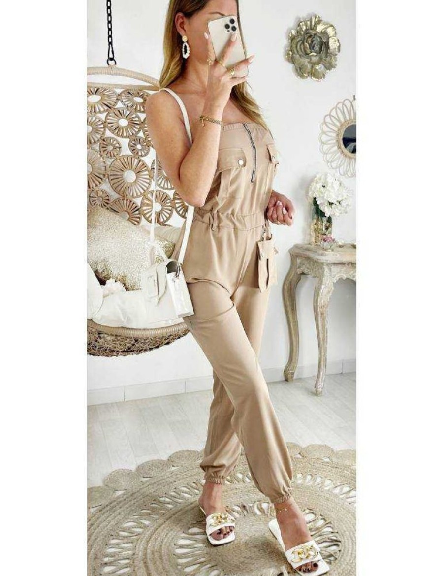 Combinaisons My Look Féminin | Ma Combi Pantalon Bustier Fluide Beige Et Pantalon Resserre