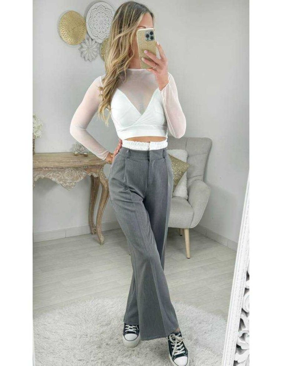 Pantalons My Look Féminin | Pantalon Fluide Gris & Ceinture Blanche