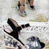 Chaussures My Look Féminin | Sandales Compensees Noires Et Fleuries